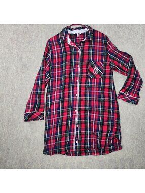 Victorias Secret Women's Plaid Long-Sleeve Button-Down Nightshirt Red/Green M